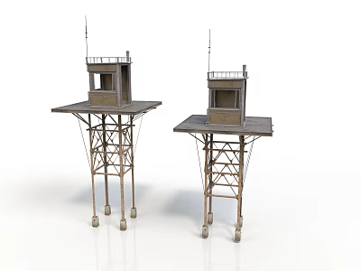Two Rustic Elevated Metal Watchtowers With Antennas And Observation Cabins 3d model