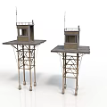 Two Rustic Elevated Metal Watchtowers With Antennas And Observation Cabins