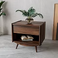 Modern Walnut Nightstand with Drawer Books Under Potted Plant on Top Near Large Plant Artwork