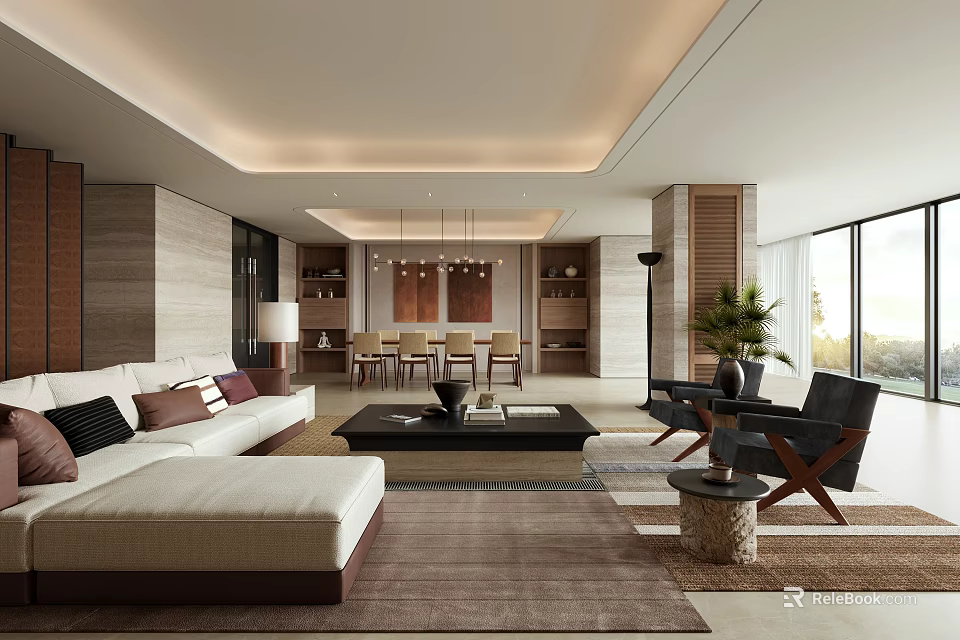 Elegant Modern Living and Dining Room With Sofa Coffee Table And Floor to Ceiling Windows 3d model 