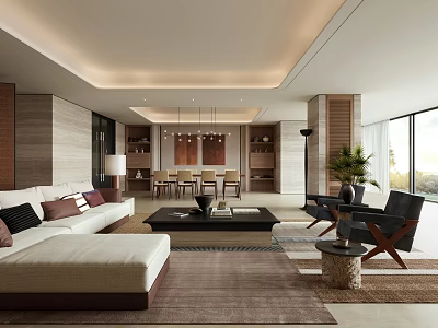 Elegant Modern Living and Dining Room With Sofa Coffee Table And Floor to Ceiling Windows 3d model