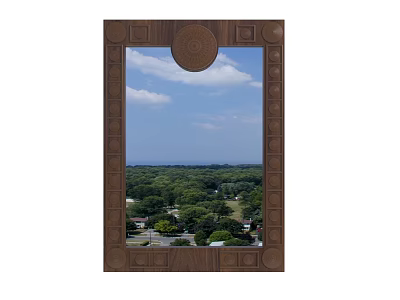 Ornate Carved Wooden Framed Mirror Reflecting Blue Sky White Clouds and Green Trees 3d model