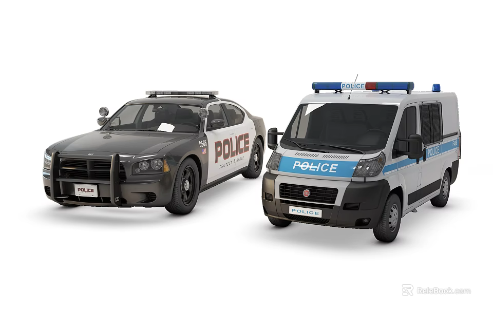 Functional Police Vehicles Including Sedan And Van With Emergency Lights And Markings 3d model 