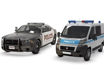 Functional Police Vehicles Including Sedan And Van With Emergency Lights And Markings 3d model