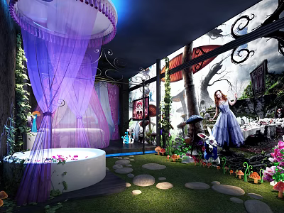 Enchanting Hotel Room With Purple Curtains White Bathtub Green Grass And Stone Path 3d model