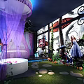Enchanting Hotel Room With Purple Curtains White Bathtub Green Grass And Stone Path