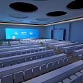 Modern Banquet Hall With Large Screen IBM Logo And White Tables Chairs Setup