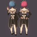 Two Cute Anime Maid Characters With Pink Blue Hair In Classic Outfits Waving Posing