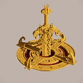Golden Decorative Ornament With Intricate Symmetrical Structure And Chains On Circular Base