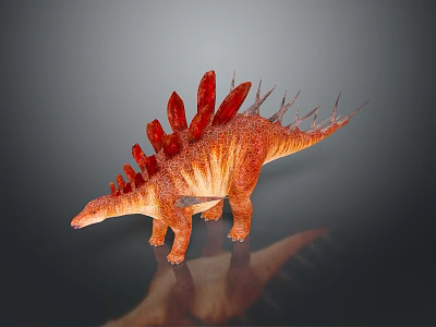 Stegosaurus Dinosaur Model With Red Spines And Orange Body On Reflective Gray Background 3d model