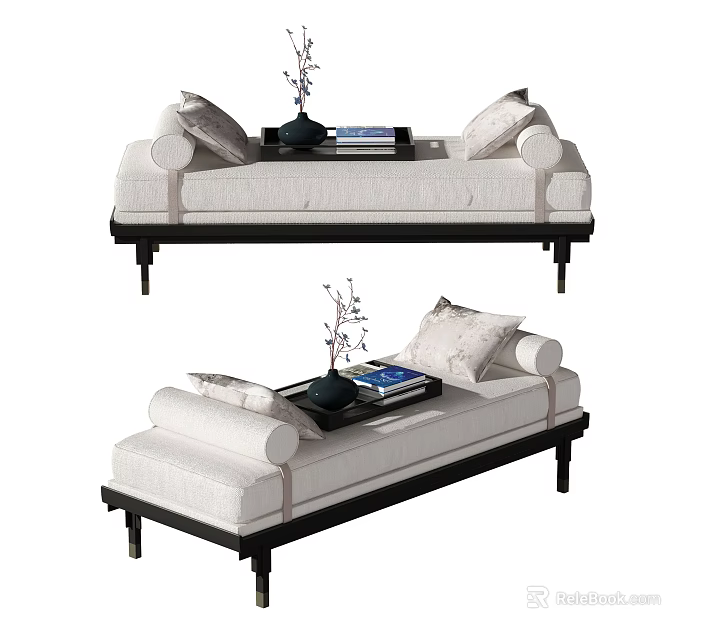 Modern Daybed With Beige Upholstery Black Frame Pillows And Side Table Decor 3d model 