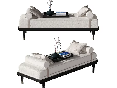 Modern Daybed With Beige Upholstery Black Frame Pillows And Side Table Decor 3d model