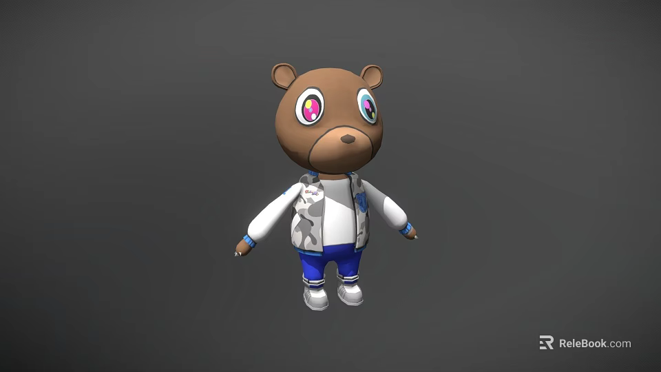 Cartoon Brown Bear Game Character With Pink Eyes White Jacket And Blue Pants 3d model 