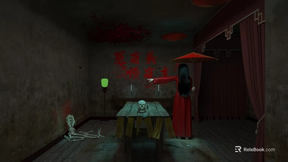 Spooky Chinese Room With Red Dress Woman Red Umbrella Skeleton Green Lantern And Blood Stains 3d model 