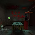 Spooky Chinese Room With Red Dress Woman Red Umbrella Skeleton Green Lantern And Blood Stains