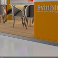 Modern Orange Exhibit Display Booth With Screens Chairs And Reception Desk
