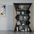 Modern Geometric Bookcase With Decorative Sculptures Books And Neutral Tones Design