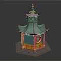Traditional Chinese Pavilion With Multi Tiered Roof Red Pillars Round Window And Green Decorations