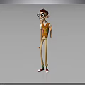 Tall Cartoon Character Wearing Glasses Orange Vest Red Shoes Green Laces Smiling On Gray Background