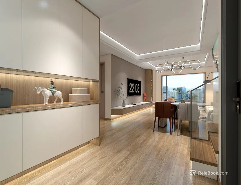 Modern Living and Dining Room Design With White Cabinets Wooden Flooring TV Chandelier Dining Table 3d model 