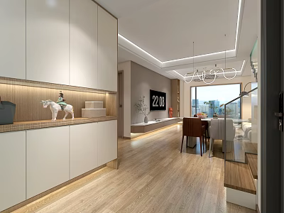 Modern Living and Dining Room Design With White Cabinets Wooden Flooring TV Chandelier Dining Table 3d model