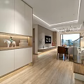 Modern Living and Dining Room Design With White Cabinets Wooden Flooring TV Chandelier Dining Table