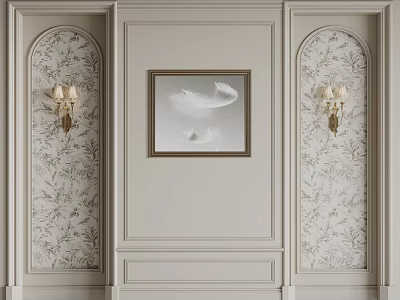 Bedroom Accent Wall Featuring Light Gray Paneling Arched Patterned Wallpaper White Feather Painting Gold Sconces 3d model