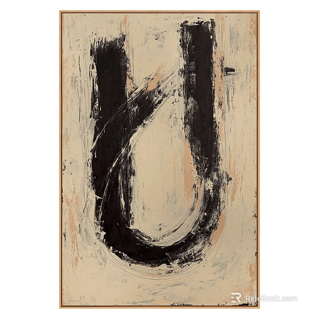Abstract Wall Decor With Black Brushstrokes On Light Background And Wooden Frame 3d model 