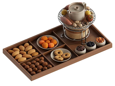 Tea Set with Wooden Tray and Compartments for Almonds Cookies Dried Fruits Snacks 3d model