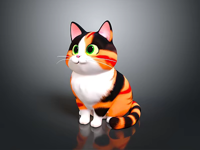 Colorful Cartoon Cat Sitting With Orange Black White Fur Green Eyes And Pink Ears 3d model