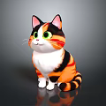 Colorful Cartoon Cat Sitting With Orange Black White Fur Green Eyes And Pink Ears