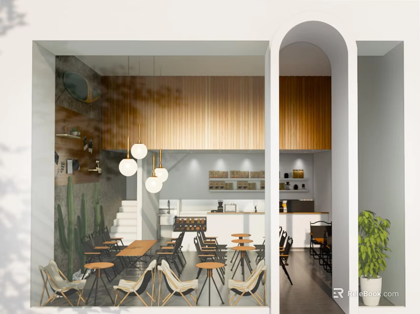 Modern Cafe Interior With Wooden Walls Arched Doorway Hanging Lights Tables Chairs And Green Plants 3d model 