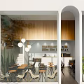 Modern Cafe Interior With Wooden Walls Arched Doorway Hanging Lights Tables Chairs And Green Plants