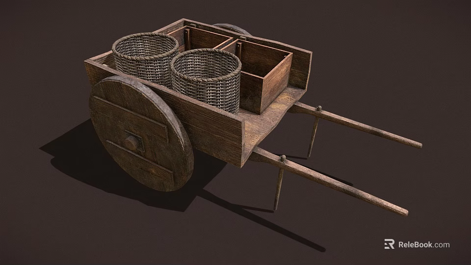 Vintage Wooden Cart With Wicker Baskets And Wooden Storage Compartments Design 3d model 