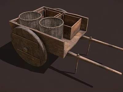 Vintage Wooden Cart With Wicker Baskets And Wooden Storage Compartments Design 3d model