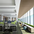 Modern Public Office Space With Long Corridor Glass Partitions And Green Plants
