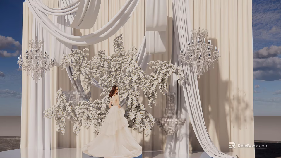 Elegant Photo Check In Spot With Bride White Drapes Floral Decor And Crystal Chandeliers 3d model 