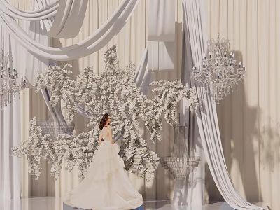Elegant Photo Check In Spot With Bride White Drapes Floral Decor And Crystal Chandeliers 3d model