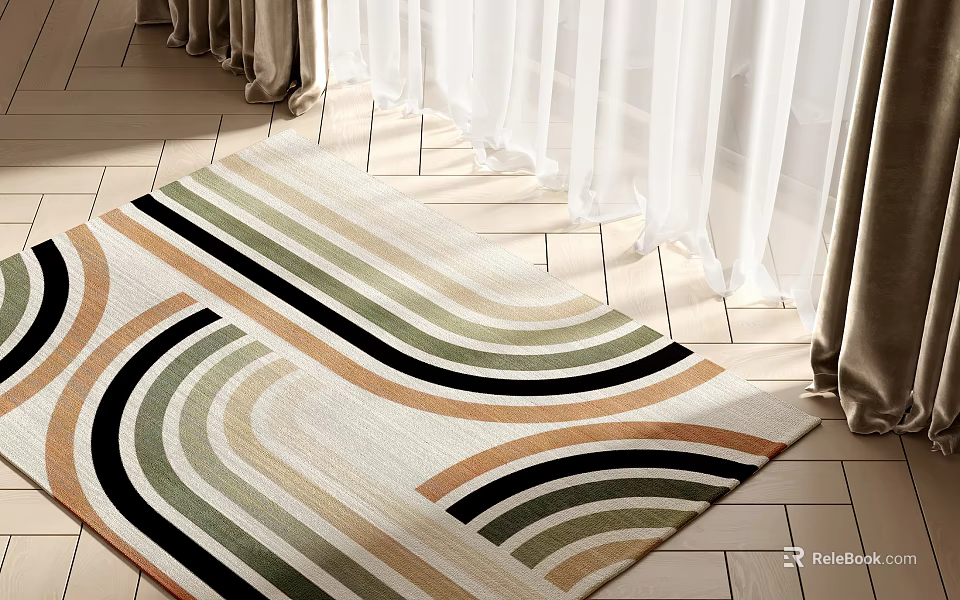 Square Rug With Curved Stripes And Multicolor Geometric Patterns For Indoor Floors 3d model