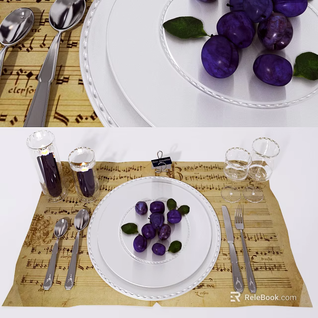 Elegant Tableware Set With White Plates Cutlery Glasses And Purple Fruits On Music Note Placemats 3d model 