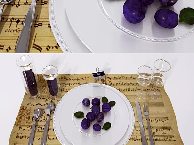 Elegant Tableware Set With White Plates Cutlery Glasses And Purple Fruits On Music Note Placemats 3d model