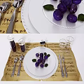 Elegant Tableware Set With White Plates Cutlery Glasses And Purple Fruits On Music Note Placemats