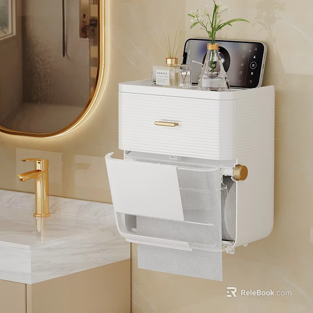 Bathroom Sink With Marble Countertop Gold Faucet Round Mirror White Wall Mounted Cabinet Gold Handle Toiletries Phone 3d model 