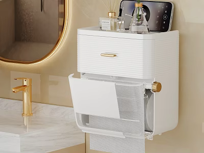 Bathroom Sink With Marble Countertop Gold Faucet Round Mirror White Wall Mounted Cabinet Gold Handle Toiletries Phone 3d model