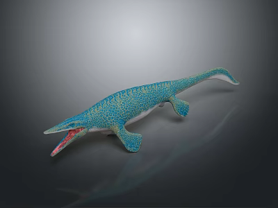 Blue Spotted Ichthyosaur Model With Open Mouth Long Body And Flippers On Dark Reflective Background 3d model