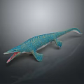 Blue Spotted Ichthyosaur Model With Open Mouth Long Body And Flippers On Dark Reflective Background