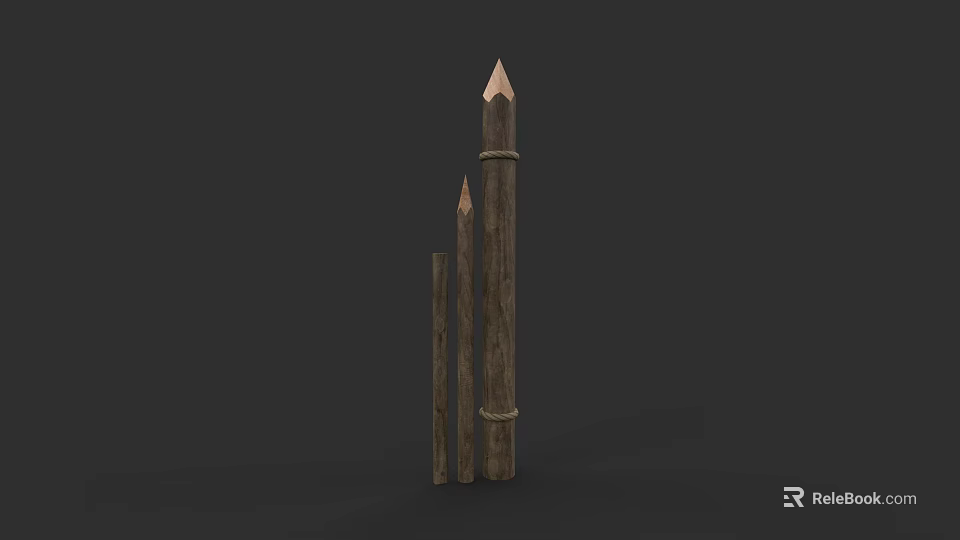 Set Of Three Rustic Wooden Fence Posts With Pointed Tops And Varying Sizes 3d model 