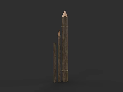 Set Of Three Rustic Wooden Fence Posts With Pointed Tops And Varying Sizes 3d model