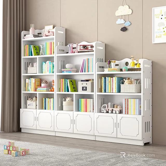 White Multi Tiered Bookshelf For Kids Room With Books Toys And Decorative Items 3d model 
