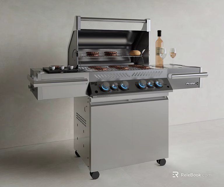 Outdoor Stainless Steel Grill With Wine Bottle Glasses And Grilled Food 3d model 